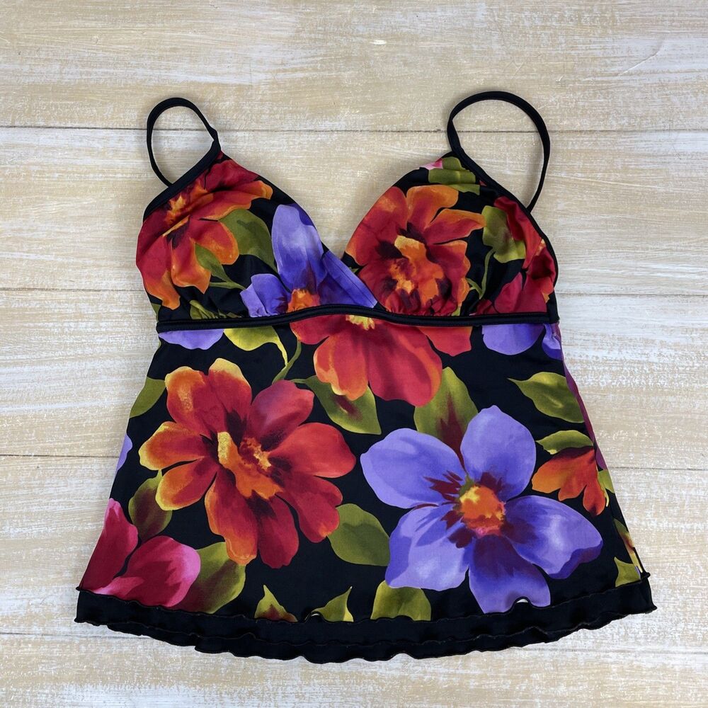 Trimshaper Women's Floral Tankini Top Size 12 V-Neck Layered Adjustable Straps